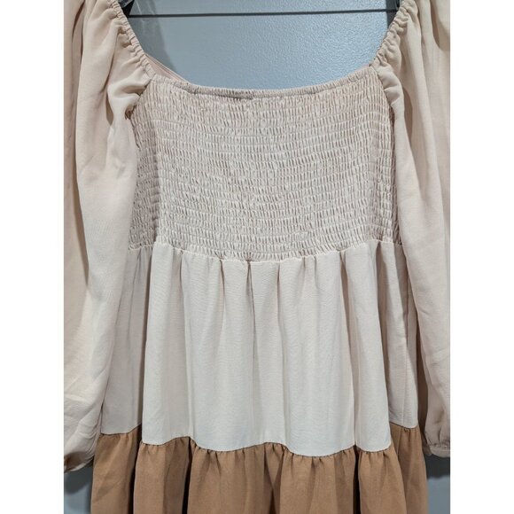 Entro Tri Color Tiered Dress Smocked Back Long Sleeve Tan Brown Boho Peasant L - Picture 13 of 16